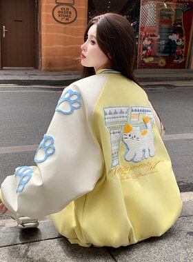 复古猫咪刺绣棒球服外套女学生韩版宽松2026春秋新款开学夹克上衣