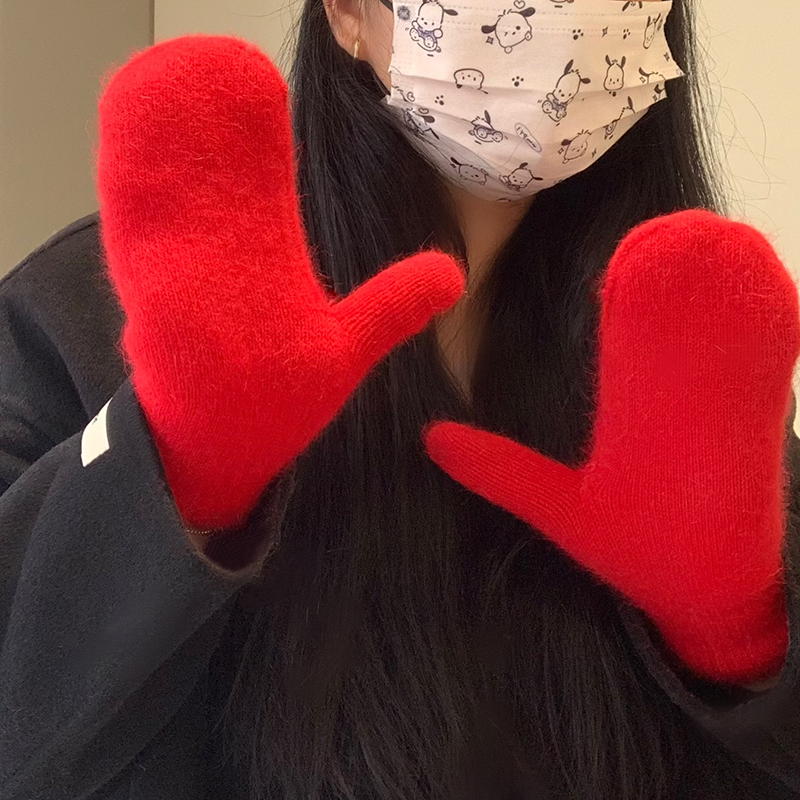 冬季红色兔绒手套女连指双层加厚保暖抗冻针织毛线防风手套ins潮 冬季红色兔绒手套女连指双层加厚保暖抗冻针织毛线防风手套ins潮