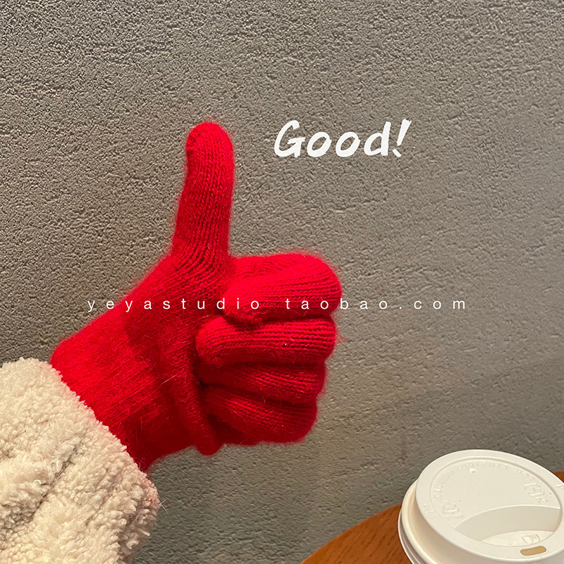 纯色针织冬天女触屏防风加绒保暖防寒毛线手套女分指冬季红色手套 纯色针织冬天女触屏防风加绒保暖防寒毛线手套女分指冬季红色手套