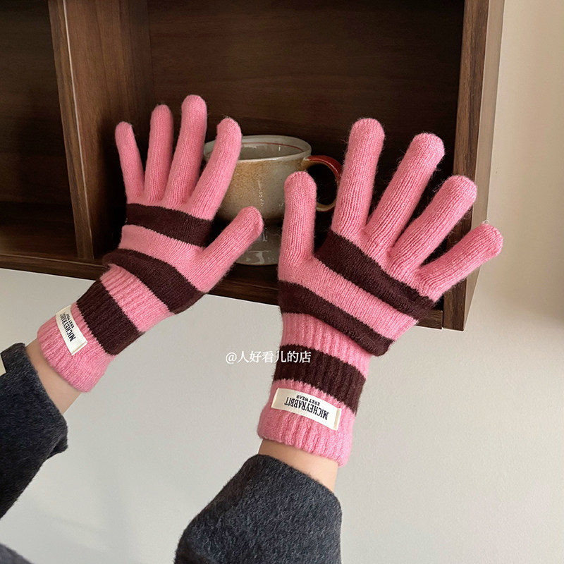 韩系ins条纹针织手套女2025秋冬新款学生保暖防寒骑行分指手套潮