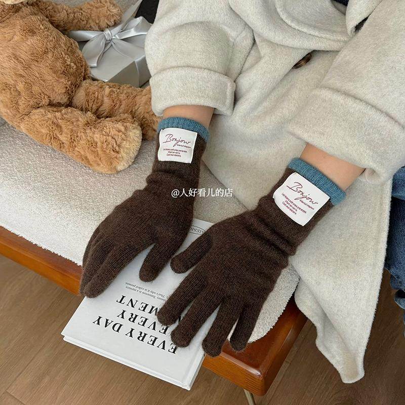 韩系ins贴布针织手套女冬季骑行保暖长款分指手套可触屏学生保暖