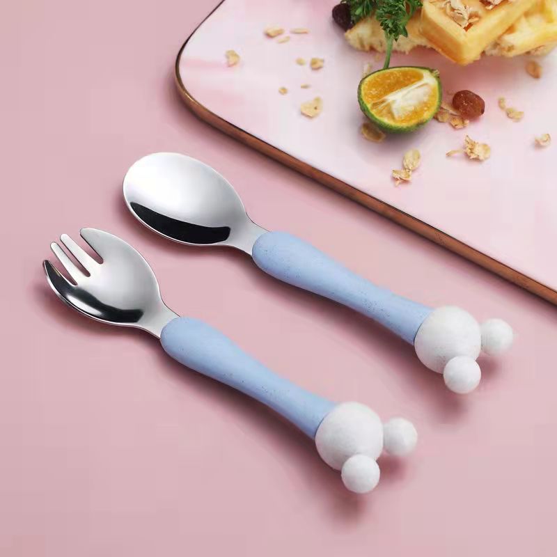 儿童304不锈钢勺叉宝宝吃饭叉勺套装防烫不伤嘴自主进食卡通餐具