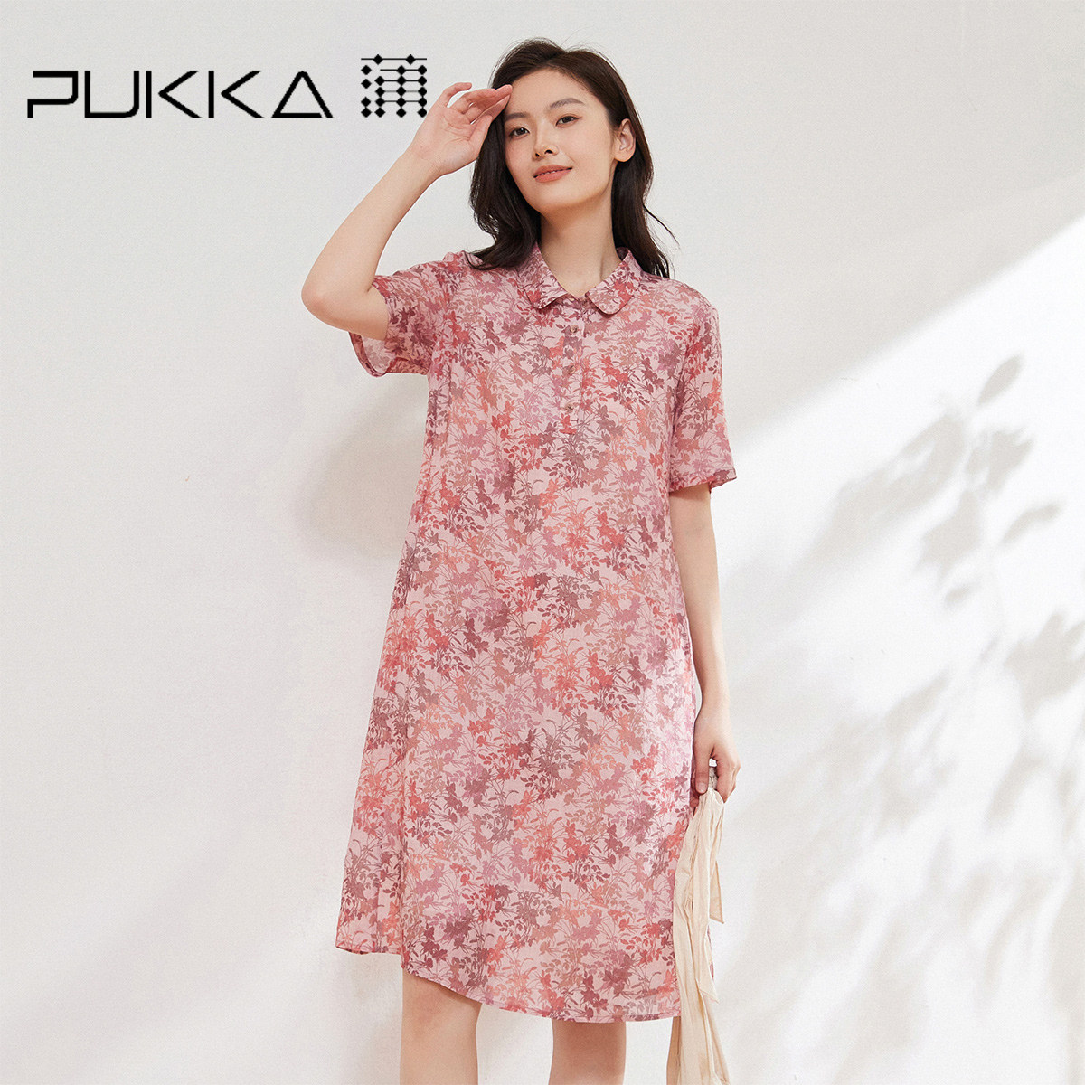 蒲PUKKA 度假苎麻碎花裙女2026春夏新品宽松显瘦短袖衬衫领连衣裙