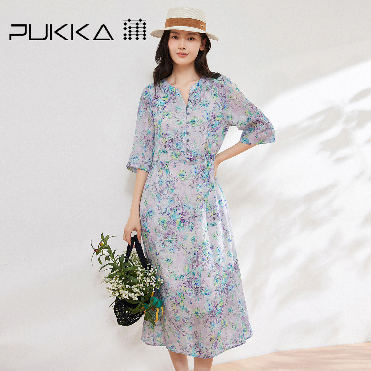 蒲PUKKA  苎麻印花连衣裙2026夏季新品宽松收腰显瘦度假休闲裙