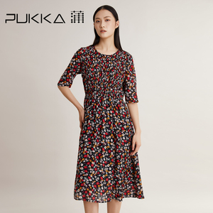 Pukka蒲牌复古田园风碎花褶皱连衣裙女宽松2022夏季新款商场同款