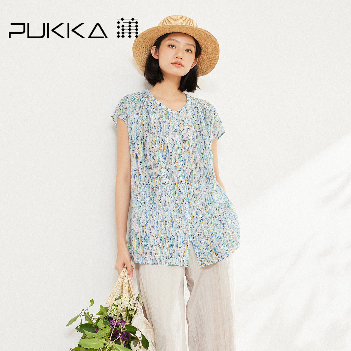 蒲PUKKA 苎麻印花衬衫女夏季宽松文艺圆领上衣