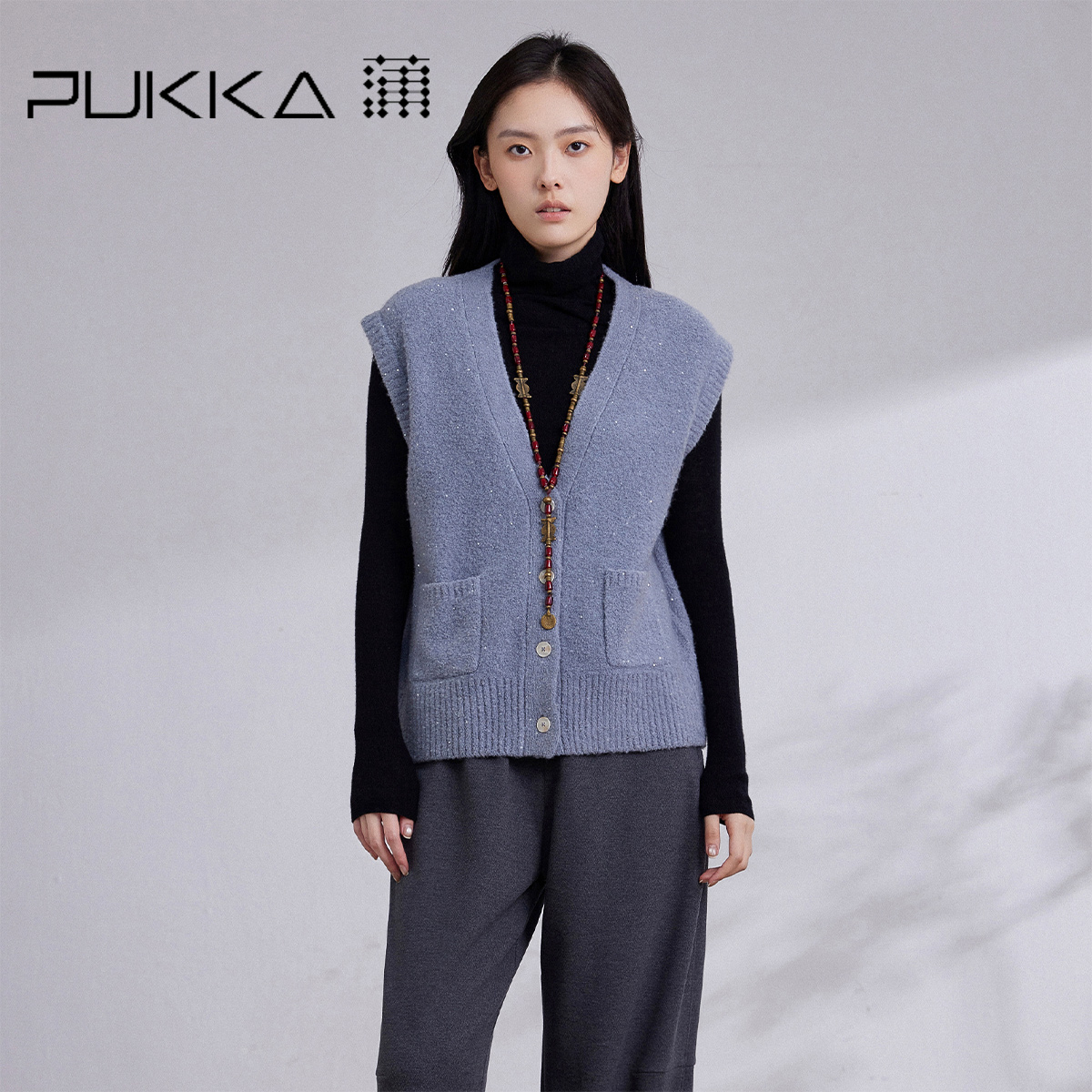 蒲PUKKA羊毛针织马甲女V领显瘦