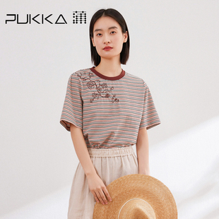 新品 蒲PUKKA 彩色条纹圆领显瘦绣花短袖 T恤女2024夏季