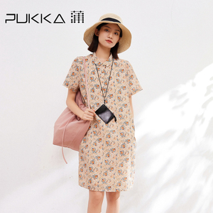 蒲PUKKA 小个子连衣裙女夏季宽松丝棉印花短袖休闲裙子