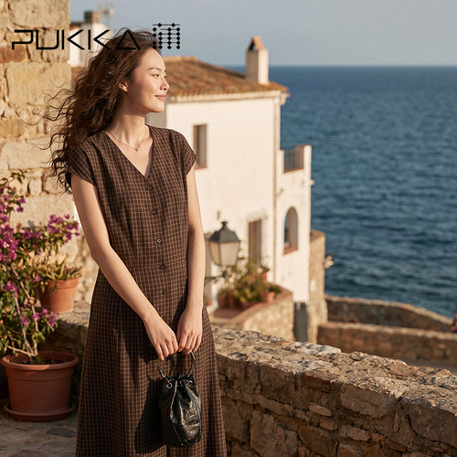 PUKKA亚麻格纹V领收腰连衣裙