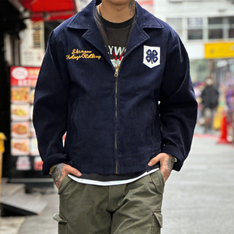 日系阿美咔叽复古灯芯绒夹克四叶草刺绣潮流工装外套青年休闲外套