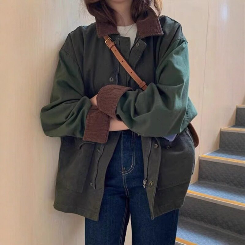 日系猎装复古军绿色翻领工装风衣夹克外套女秋季感中长款宽松上衣