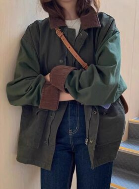 日系猎装复古军绿色翻领工装风衣夹克外套女秋季感中长款宽松上衣