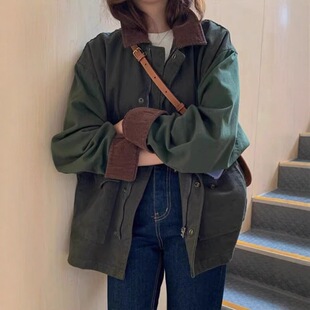 日系猎装复古军绿色翻领工装风衣夹克外套女秋季感中长款宽松上衣