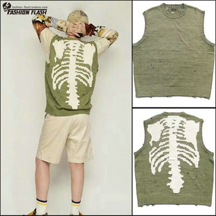 KAPITAL 22SS 平田和宏破洞破坏背心骨头骨架针织衫毛衣马甲男女