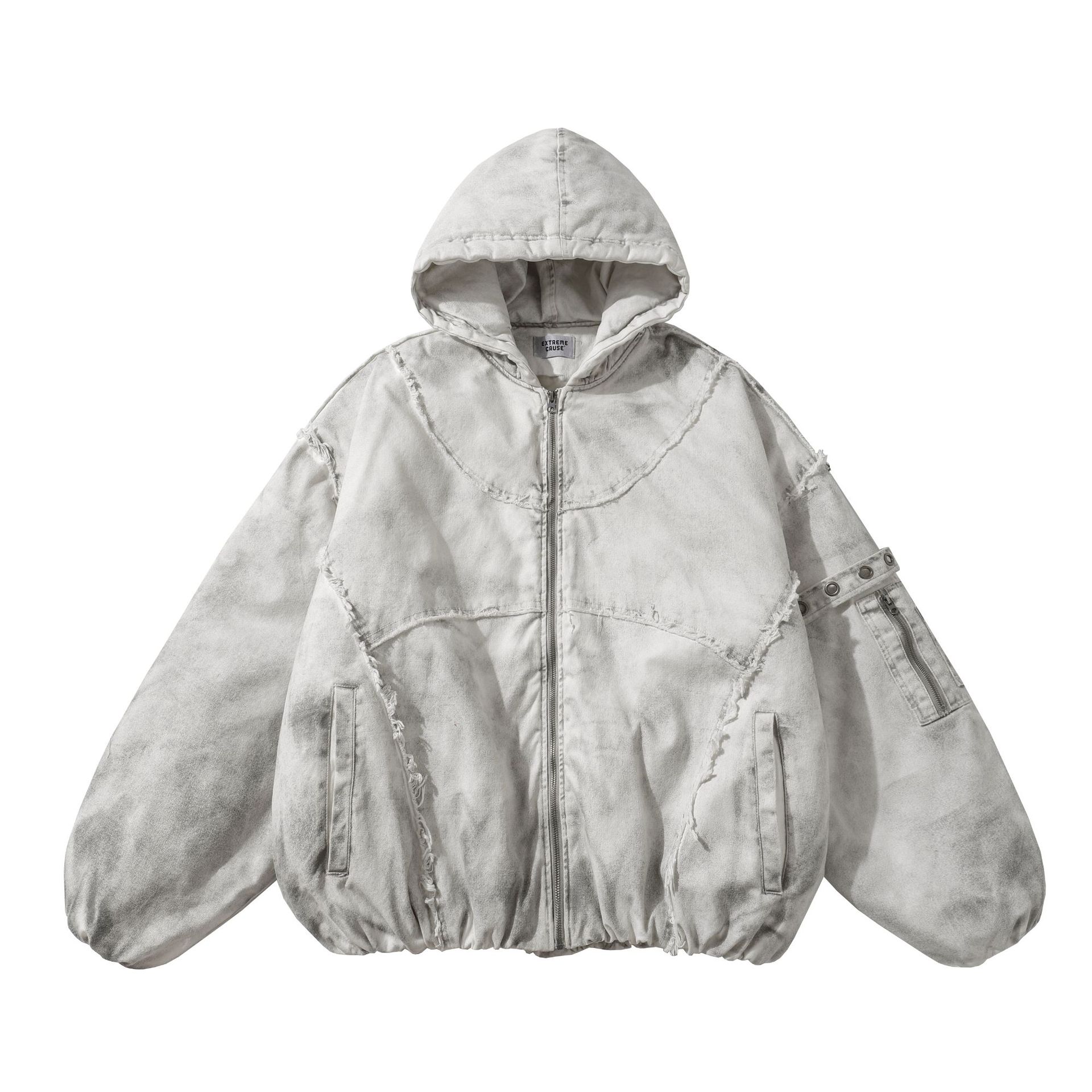 日系美式复古做旧连帽棉服男女冬季毛边绗棉衣宽松保暖棒球服外套