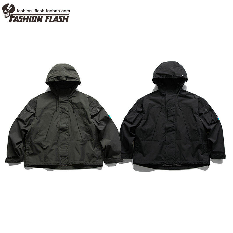 日系户外冲锋衣外套男复古潮牌登山防风cityboy宽松连帽工装夹克