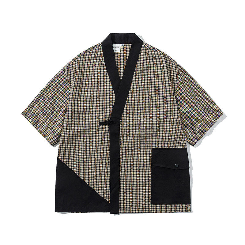 KAPITAL VINTAGE 夏季条纹短袖道袍日系拼接工装衬衣宽松半袖外套