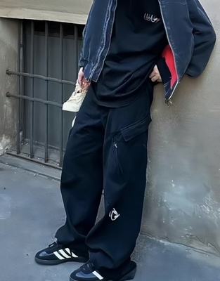 重工版本 isaidno美式迷彩做旧刺绣水洗牛仔裤cargo工装裤长裤男