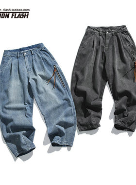 2023年春秋季新款潮牌直筒休闲阔腿长裤子宽松黑色潮流牛仔裤男