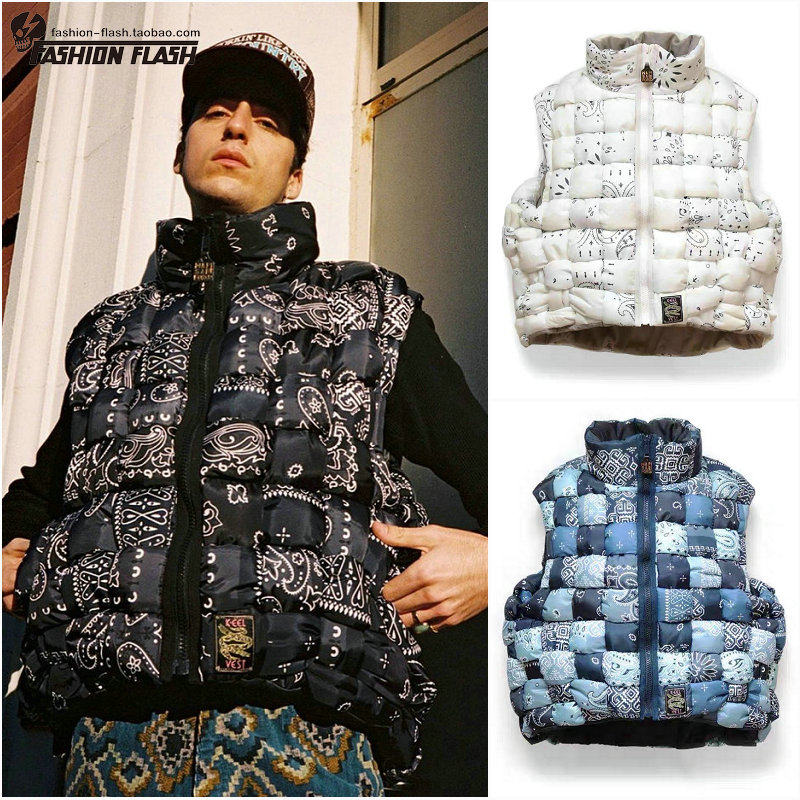 日系 kapital尼龙编织款腰果花潮牌男女高领拉链羽绒棉服背心马甲