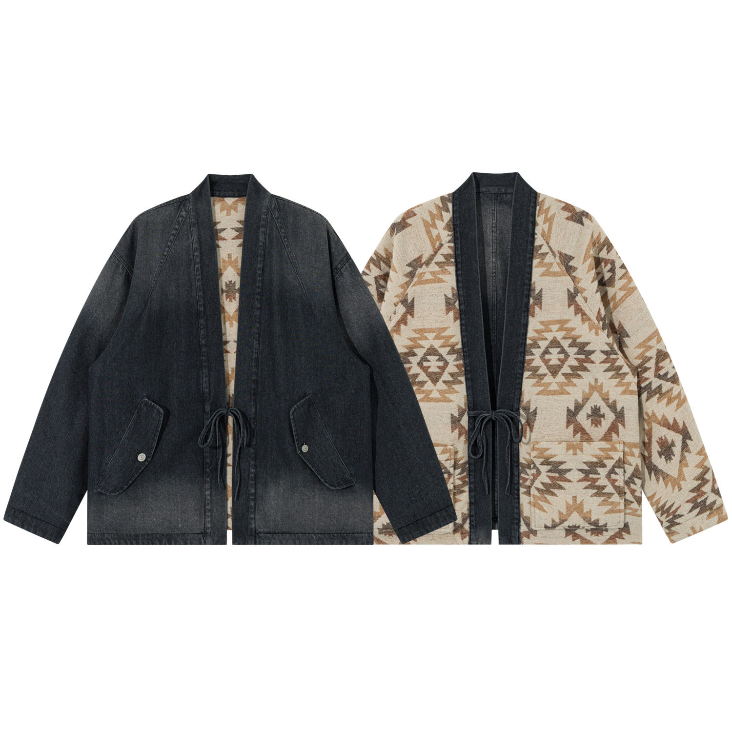 [两面穿]日系复古民族风牛仔道袍外套男宽松无领夹克毛呢V领开衫