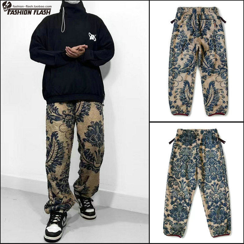 22AW KAPITAL 平田和宏 日系民族风花卉蓝染保暖摇粒绒松紧长裤潮,男装,卫裤,淘宝优惠券,粉丝福利购,淘宝优惠卷