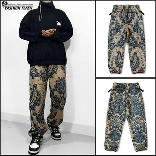 22AW KAPITAL 平田和宏 日系民族风花卉蓝染保暖摇粒绒松紧长裤潮