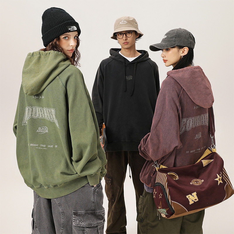 日系潮牌美式复古百搭连帽卫衣无性别男女款穿搭宽松印花重磅上衣