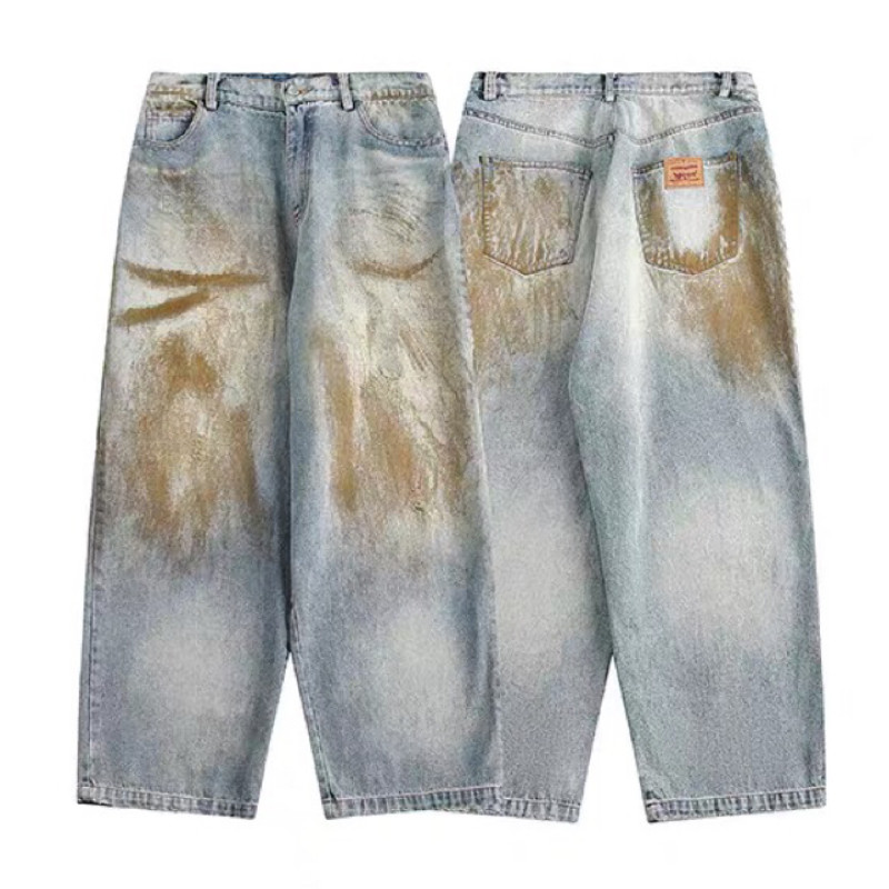 春秋季日系休闲痞帅复古破洞牛仔裤男直筒宽松高街阔腿拖地老爹裤