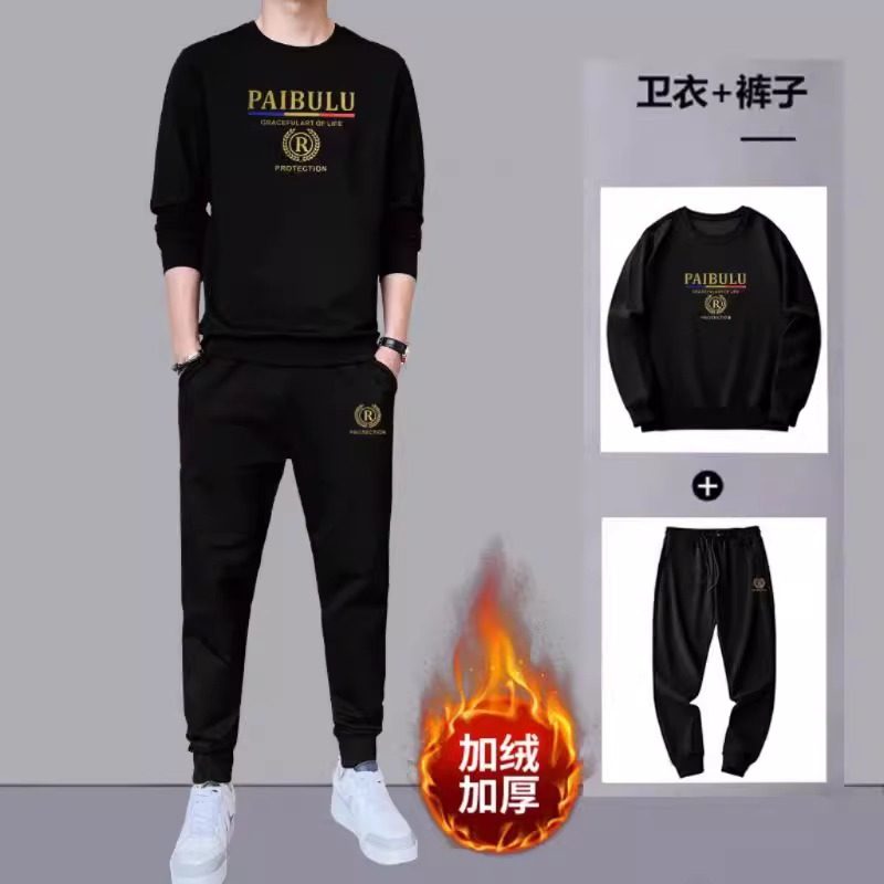 秋冬新款男士加绒休闲套装轻奢潮流青少年工装卫衣卫裤搭配一整套