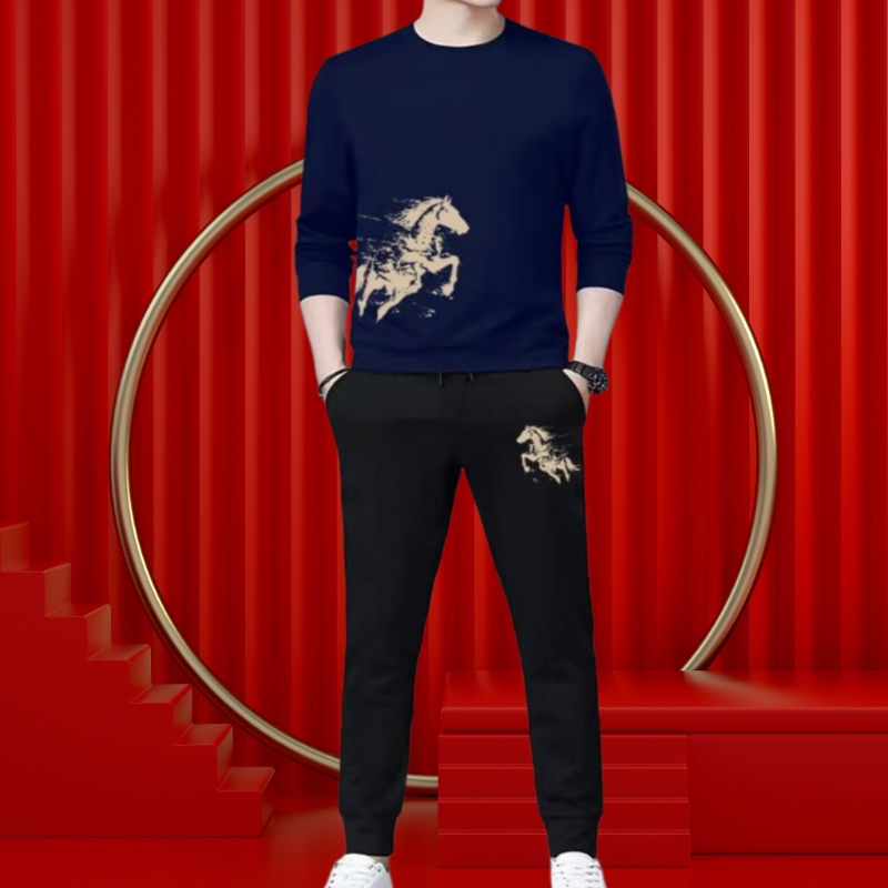 2026马年新春男士加绒休闲套装时尚国潮中国风青少年卫衣卫裤套装