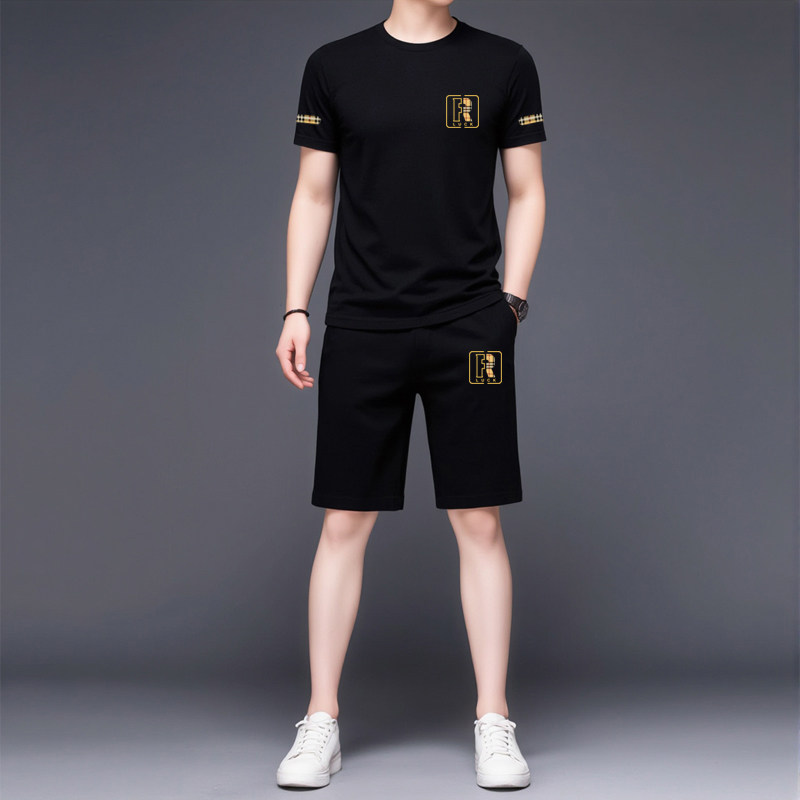 欧洲站夏季男士冰丝速干运动服2026爆款短袖短裤休闲健身两件套