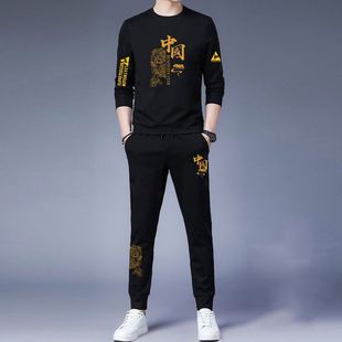 男士中国风秋冬休闲运动套装时尚高档轻奢加绒卫衣卫裤修身两件套