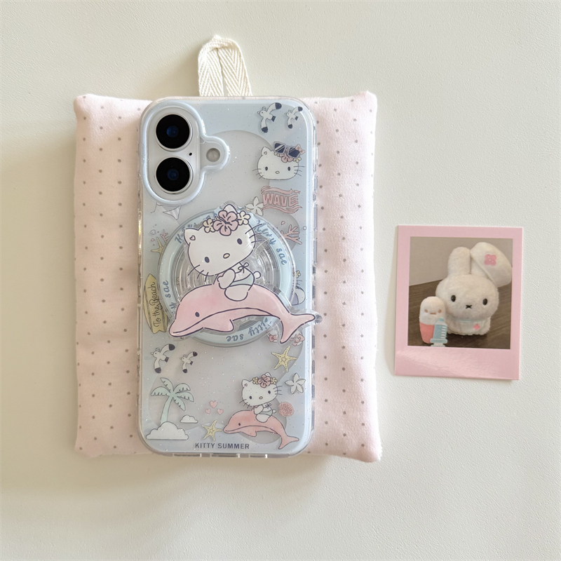 韩风ins可爱少女心海洋世界海星海豚猫咪磁吸支架16promax适用iphone15pro双层14手机壳苹果13硬壳防摔卡通女