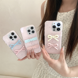 日韩ins小清新可爱少女心细闪粉色星星立体蝴蝶结16promax适用iphone15pro双层印花14手机壳苹果13保护套硬壳