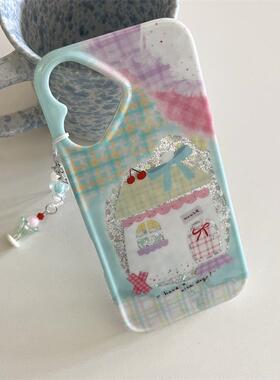 日韩ins小清新绿色甜美可爱闪粉双层小房子蝴蝶结手链16promax适用iphone15pro手机壳14pro苹果13防摔硬壳女