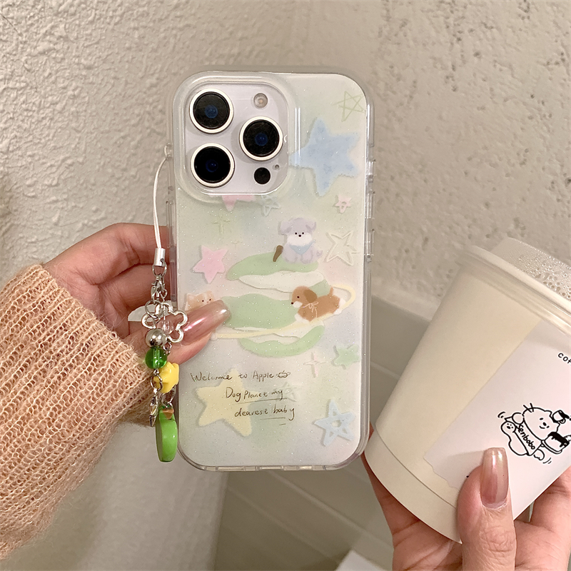 韩系可爱少女心小清新星星手绘苹果插画小狗青苹果手链吊坠16promax适用iphone15pro双层闪粉14手机壳苹果13