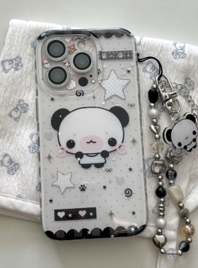 日韩ins小众古早卡通少女黑色五角星星熊猫吊坠手链16promax适用iphone15pro双层闪粉14手机壳苹果13防摔硬壳