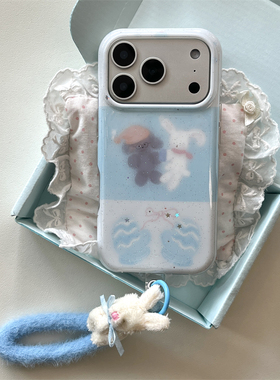 韩国ins可爱奶萌少女情侣款粉蓝拼接小狗小兔毛绒挂绳17promax适用iphone16pro双层细闪15手机壳14苹果13卡通
