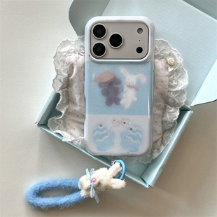 韩国ins可爱奶萌少女情侣款 粉蓝拼接小狗小兔毛绒挂绳17promax适用iphone16pro双层细闪15手机壳14苹果13卡通