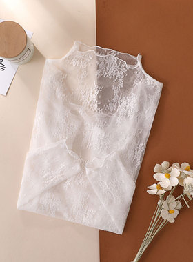 白色半高领万能蕾丝打底衫女春秋款西装内搭薄纱夏季透明网纱上衣