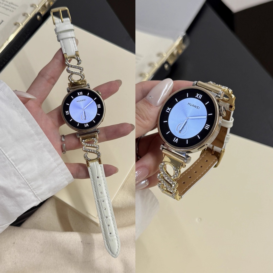 适用华为镶钻金属拼皮表带watch3/4女款GT3/4/5pro手环/9/10腕带