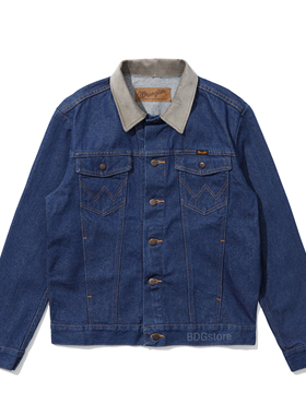 Wrangler威格原色牛仔夹克外套男士修身复古灯芯绒异色领短款外套