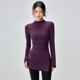 健身女孩半高领遮臀瑜伽服紧身运动喇叭长袖 普拉提训练上衣新 罩衫