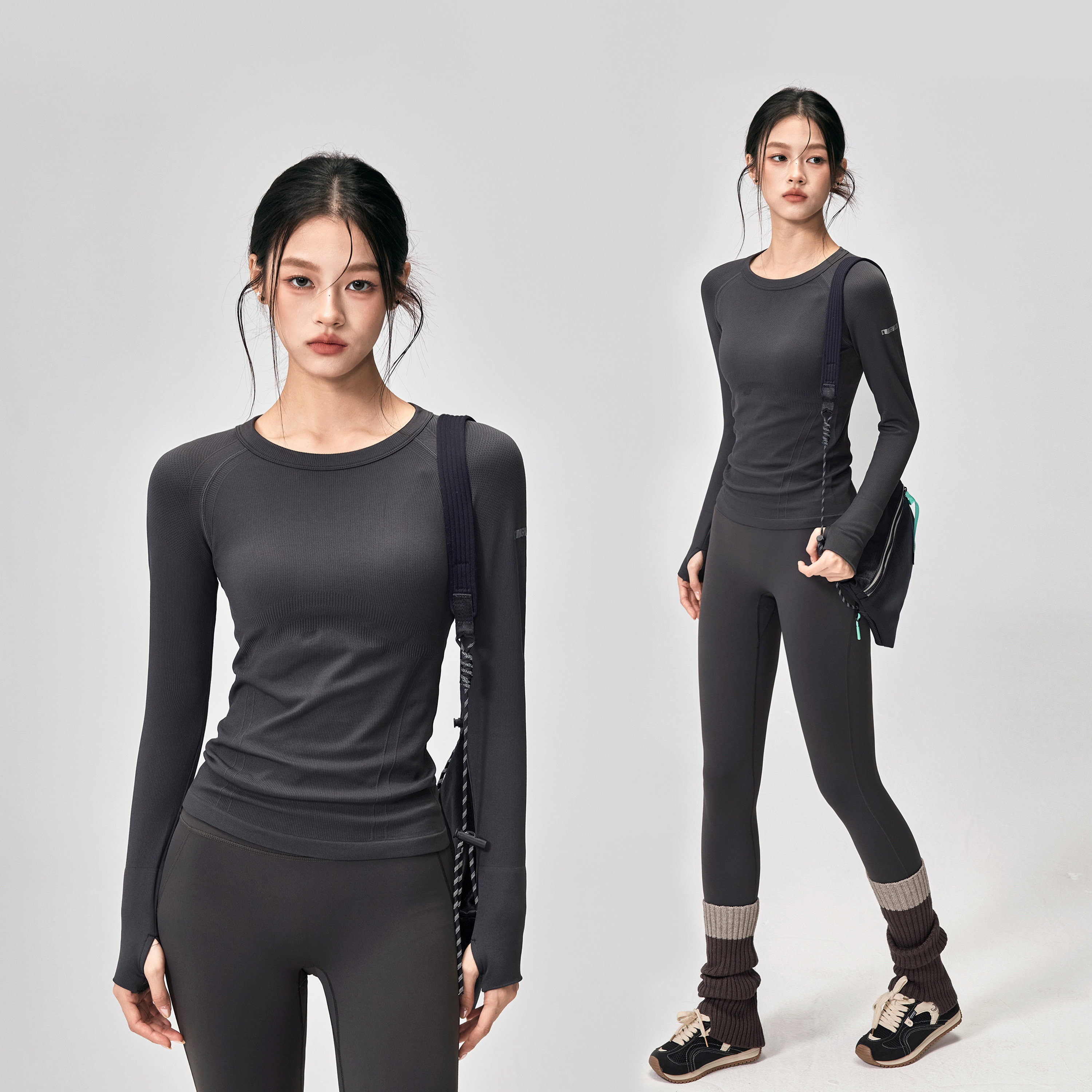 健身女孩速干瑜伽服长袖秋季圆领户外跑步训练修身运动上衣套装新