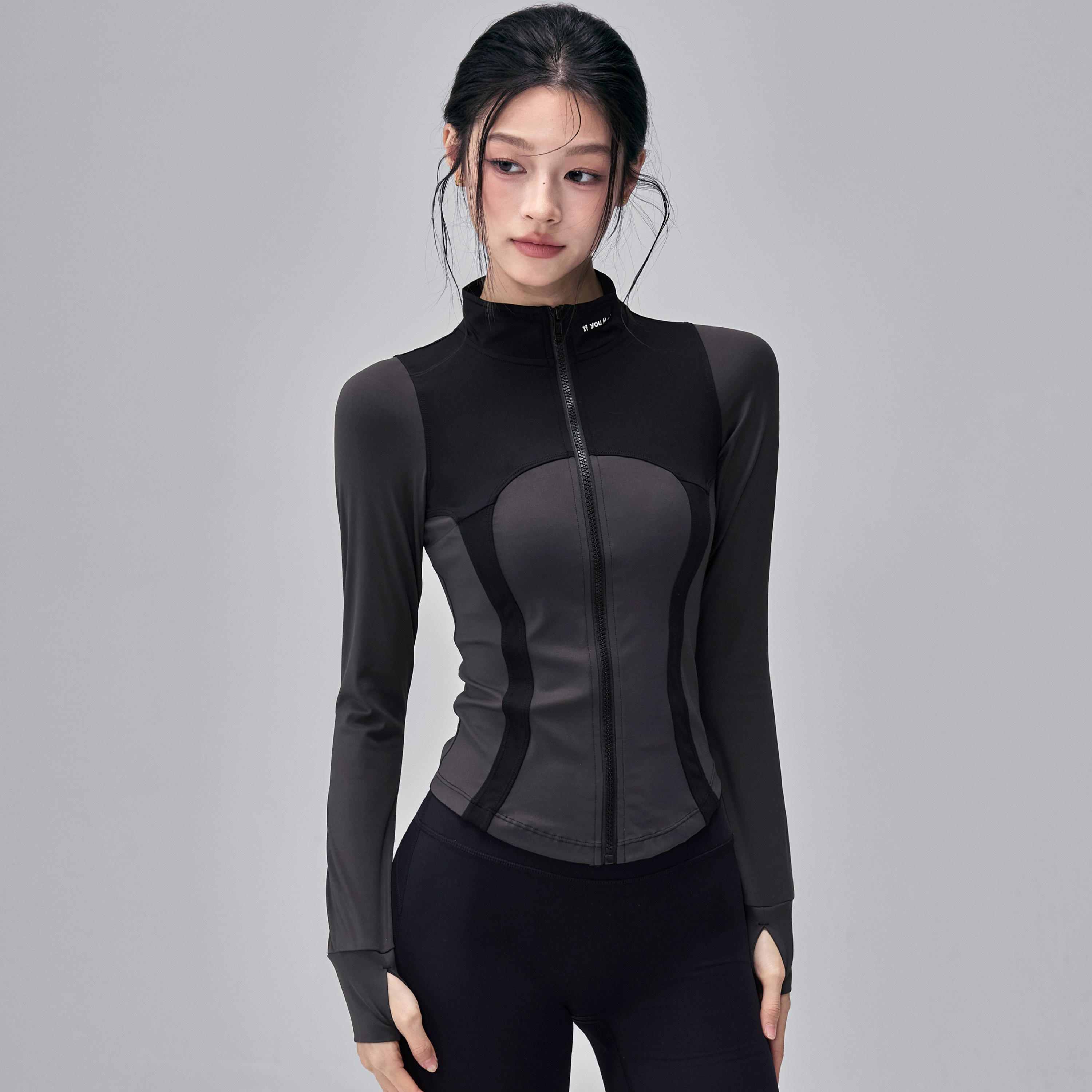 健身女孩立领瑜伽服外套拉链夹克拼色跑步训练长袖显瘦运动上衣冬