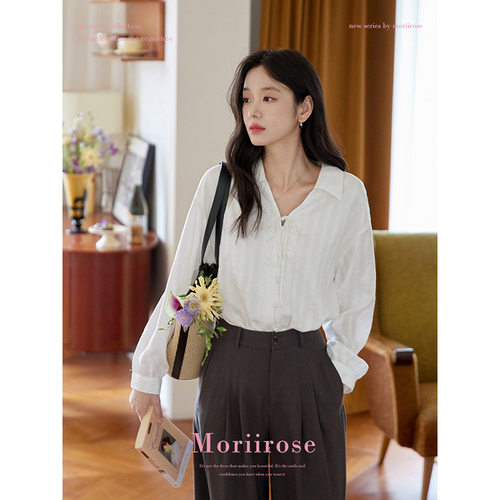 Moriirose 白色翻领花边系带落肩长袖衬衫女春夏法式复古气质上衣