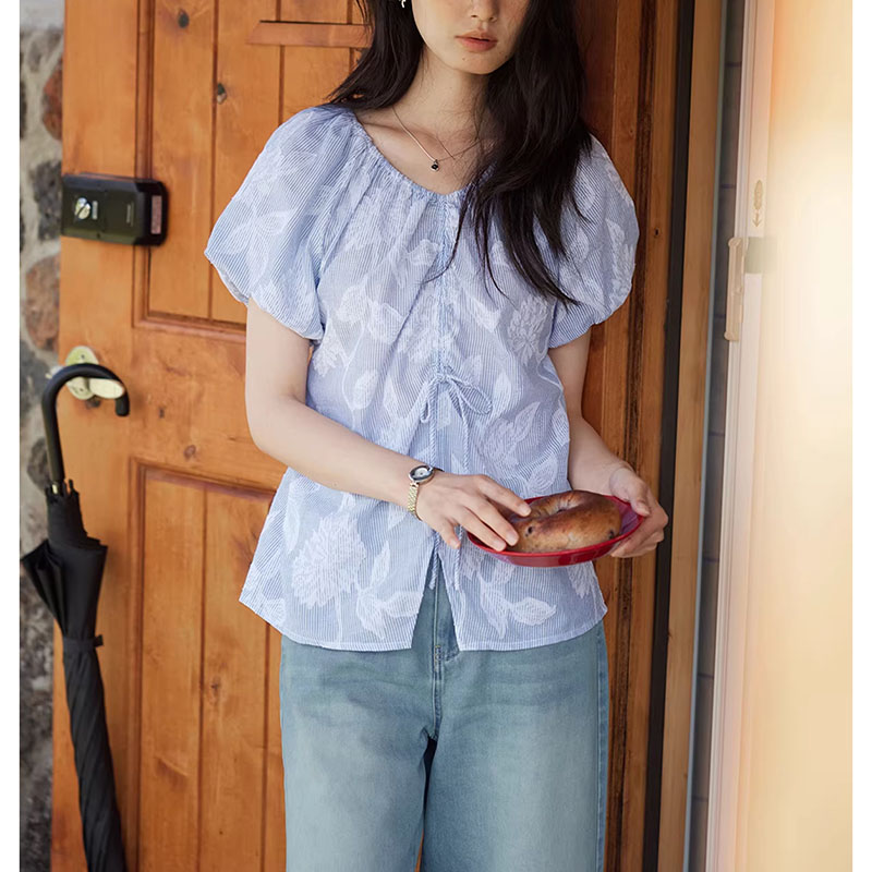 复古条纹剪花v领衬衫女系带上衣
