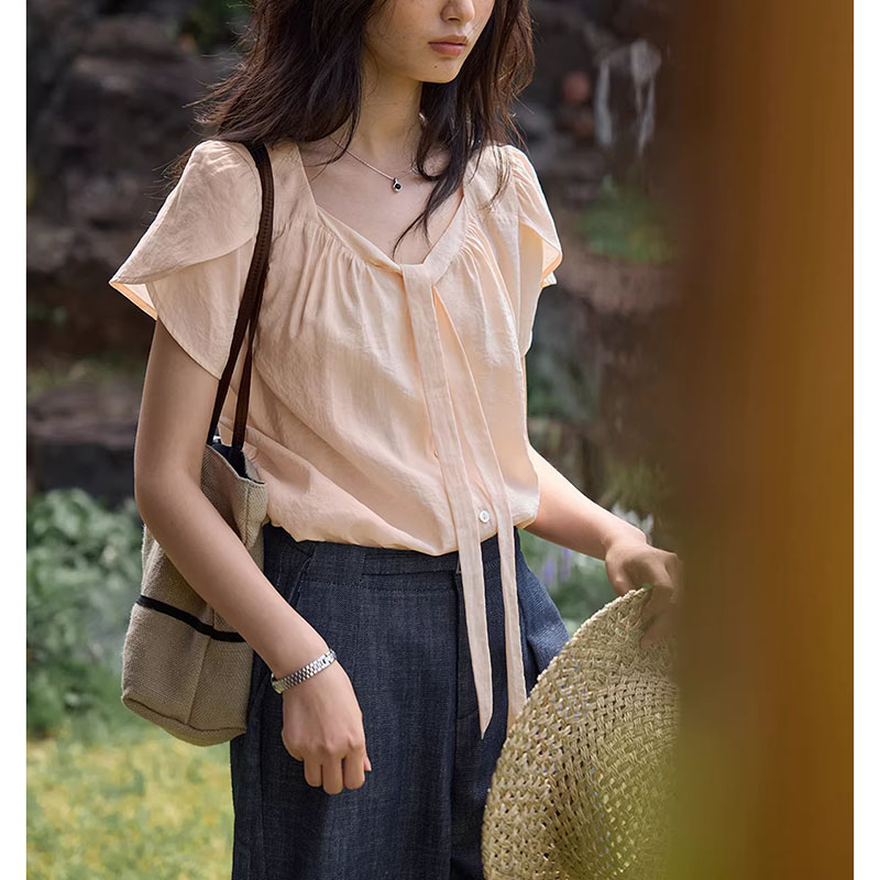 代尔飘带花瓣袖衬衫女夏季